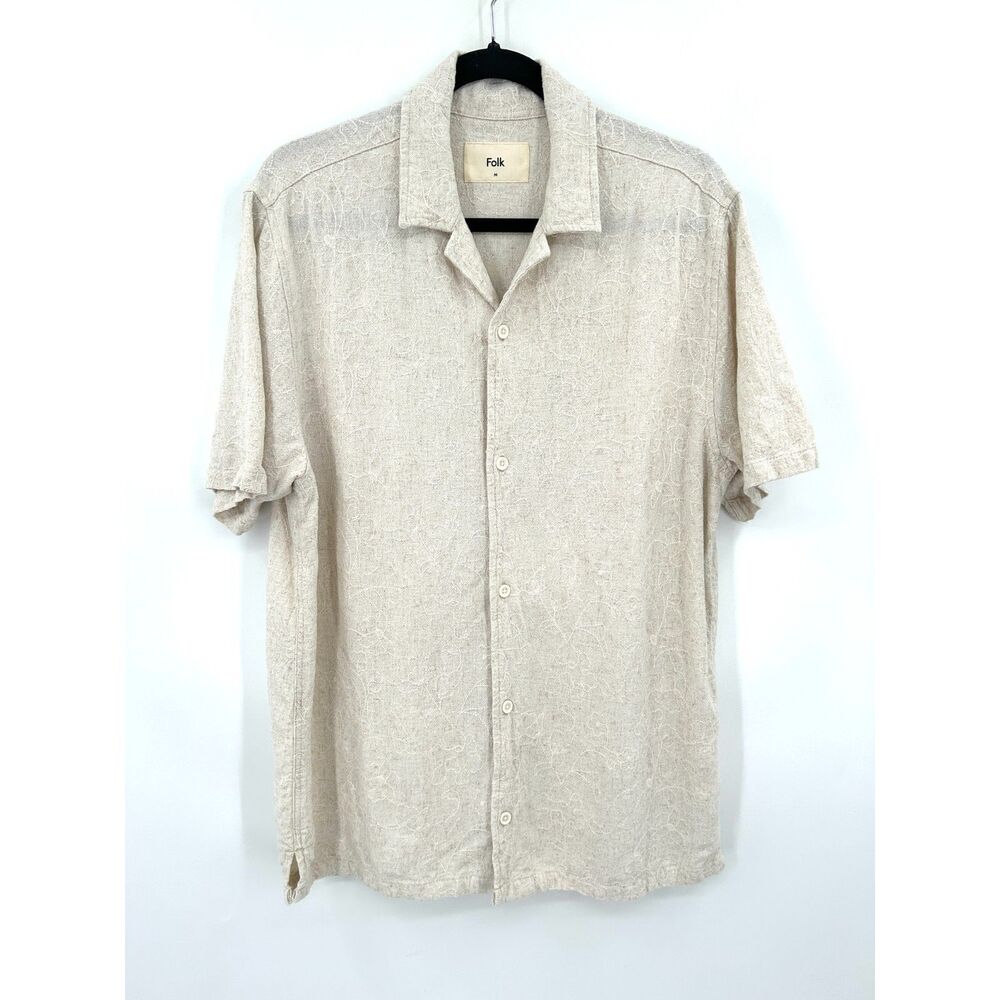 FOLK Men's Beige Embroidered Floral Camp Collar Short Sleeve Shirt Linen Medium